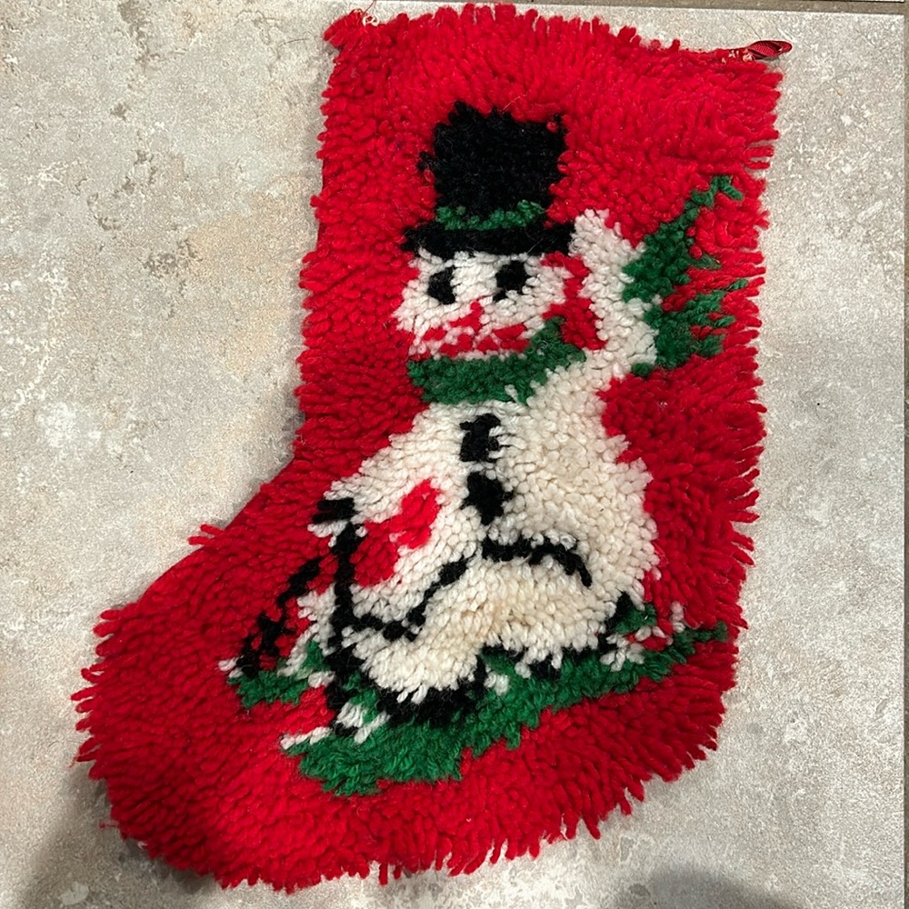Vintage 1970s handmade Latch Hook CHRISTMAS Stocking Snowman
